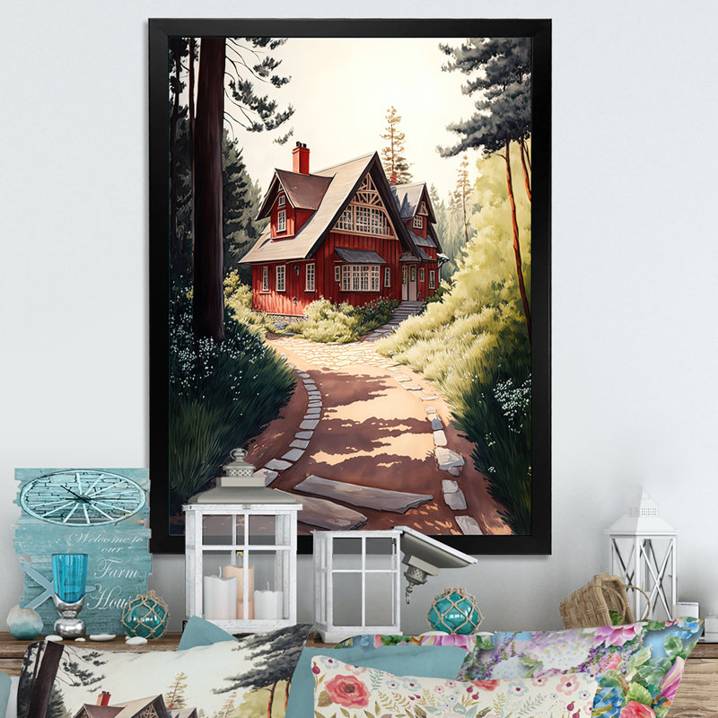 Charmant chalet rouge I - reproduction sur toile, Toile encadrée noire à coins fermés, H 20 po x l 12 po x P 1 po