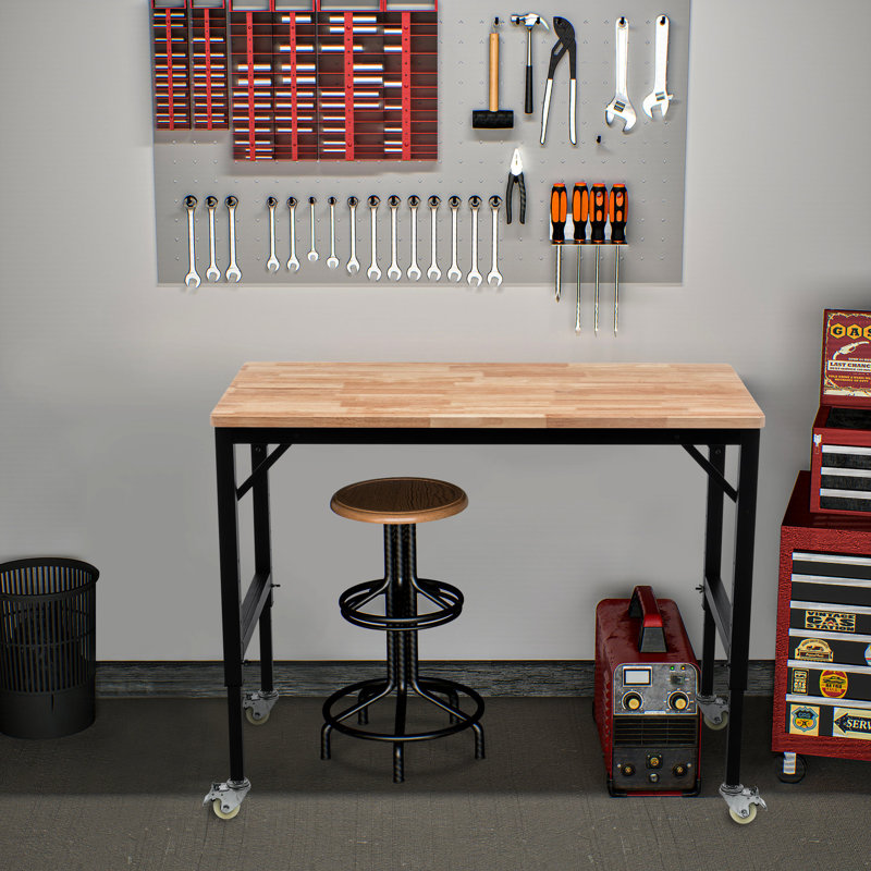 Établi réglable pour garage de 48 po, table en bois franc, roues en métal, capacité de 2 000 lb, ergonomique, fiable pour le garage, garantie de la qualité, bois d'hévéa, poids