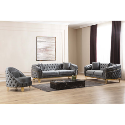 VANESSA 3 PC Livingroom Set in Grey and Gold with Fabric button-tufted velvet upholstery Finish (NJ INVENTORY)