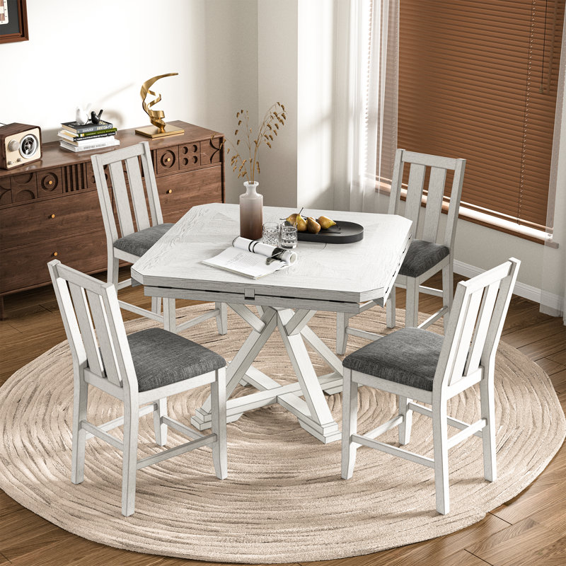 5 Piece Expandable Drop Leaf Dining Table Set with 4 Upholstered Chairs,  Solid Wood Round Counter Height Kitchen Table and Chairs Set, Mid-Century Modern Farmhouse Dining Room Table Set