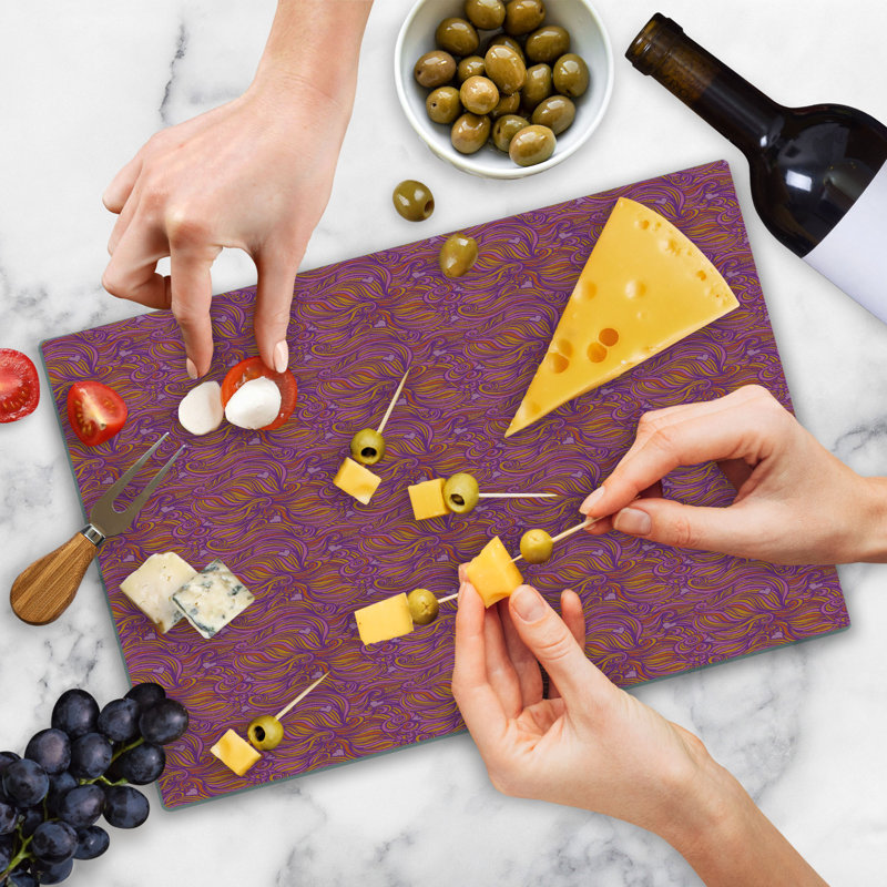 Ambesonne Yellow and Purple Cutting Board Large Size Curls and Hearts Burnt Sienna Purple