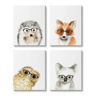 Adorable Forest Animals with Glasses Owl Fox 4pc Stretched Canvas Art Set by Mercedes Lopez Charro