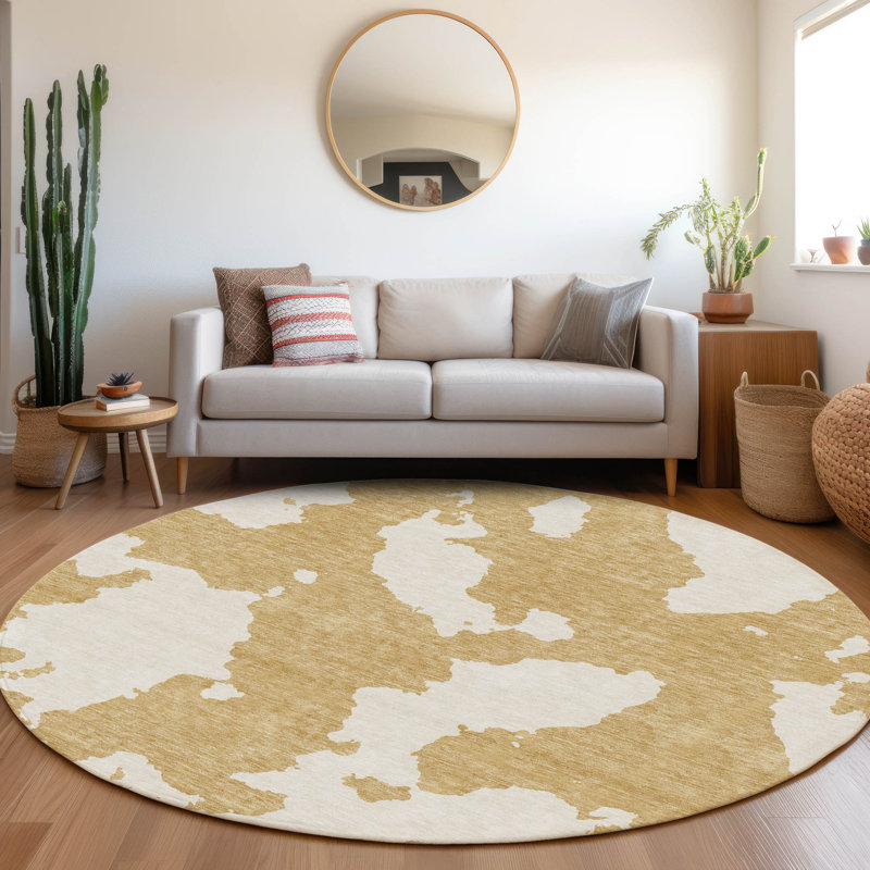 Premium Machine Washable Prisco Gold Rug, Round 8'