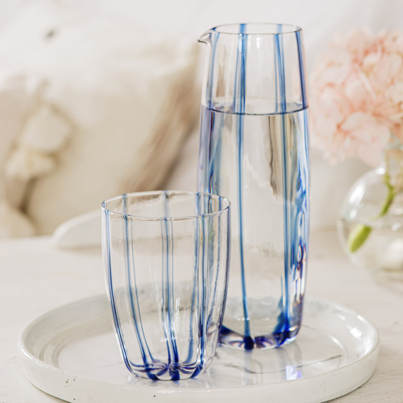NUOVO STRIPE 24oz. Glass Pitcher, White/Blue