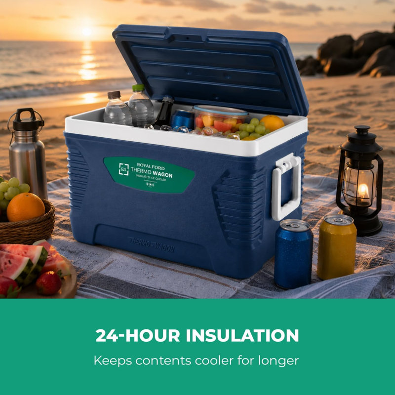 ROYALFORD 62L Large Insulated Cooler Box | Portable Ice Box with Handle | Heavy Duty Cool Box for Camping Picnic Travel| 3 Layer Insulation Chiller Box BPA Free High Performance Cooling Upto 24 Hour