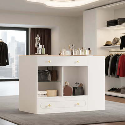 Îlot de placard moderne avec plateau en verre, 6 tiroirs et tablettes ouvertes
