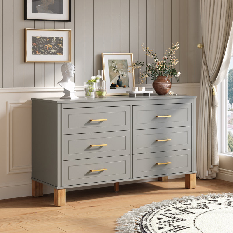 Armoire de rangement en bois à 6 tiroirs avec poignées en métal, Gris