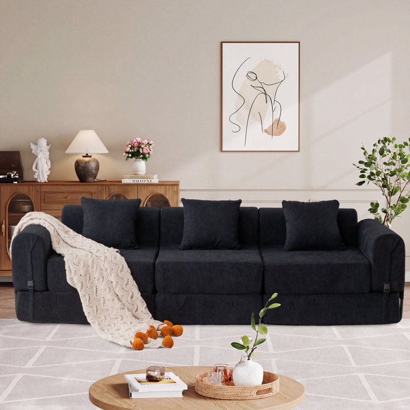 3-seater Boneless Convertible Folding Sofa Bed With Storage Pocket & Modular Design, Black Polyester Blend