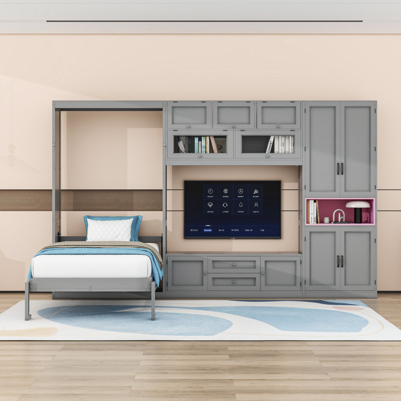 Lit escamotable simple 2 tiroirs en bois avec tablettes et armoires, gris