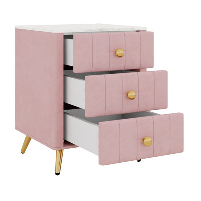 Upholstered Nightstand with 3 Drawers, and Marbling Sticker Worktop, Perfect for Bedrooms