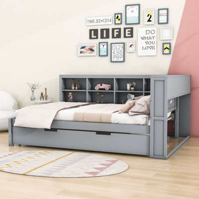 Wood DayBed with Trundle, Shelves and USB Charging Ports by Hokku Designs