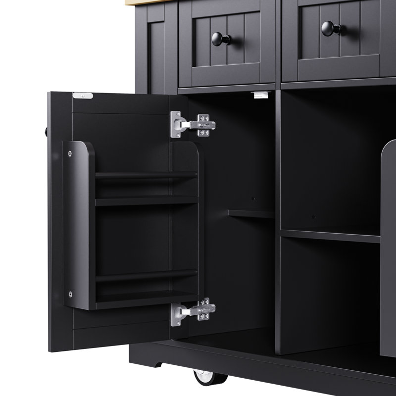 Ensemble de trois pièces pour îlot de cuisine noir de 53 pouces avec prises de courant et table pliante, deux tabourets de bar et plusieurs zones de rangement.
