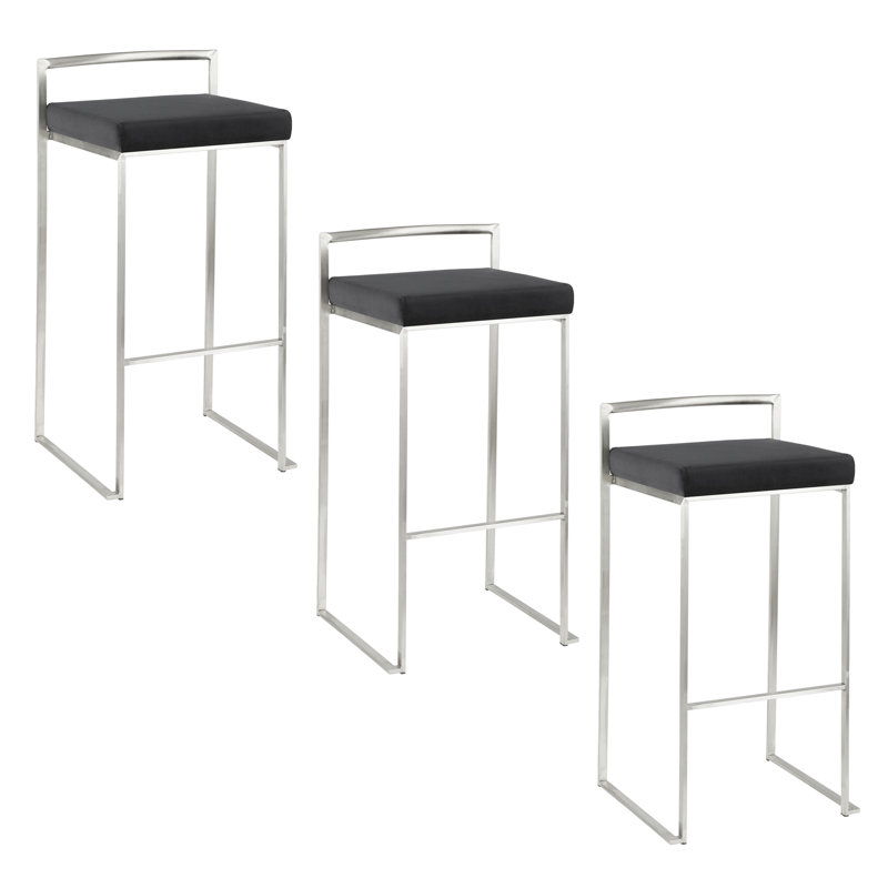 Ernestine Stackable Faux Leather Stool, Black/Stainless Steel, Bar Stool (30" Seat Height)