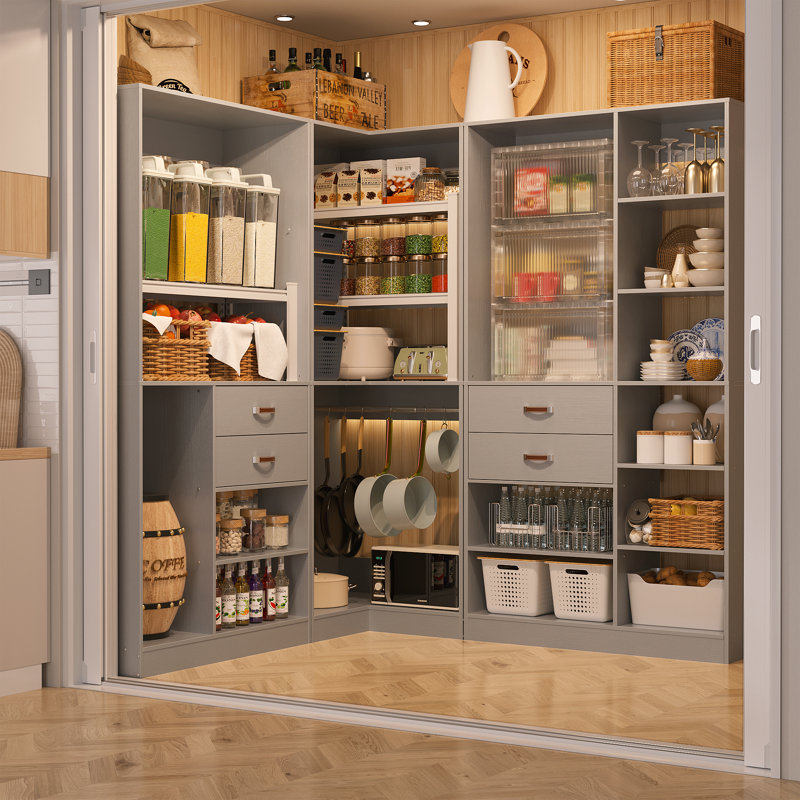 71'' - 110'' W Closet System with Wooden Drawers and Hanging Rods, Gray