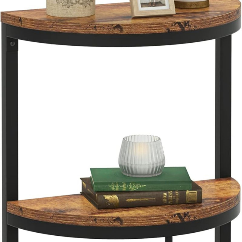 Slim Half Moon 2-Tier Semi-Circle End Table, Rustic Brown Wooden Side Table With Storage For Small Spaces