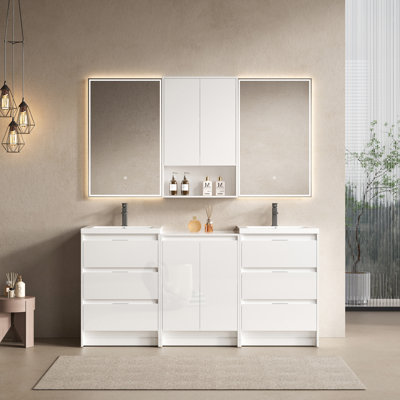 Meuble-lavabo autoportant de 72 po, éclat blanc brillant, lavabo en résine, combinaison de rangement et d'armoire murale, tiroirs à fermeture douce pour une teinte délicieuse, une invitante