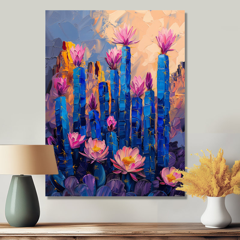 Cactus Grace III avec fleurs roses et bleues - cactus floral, H 32 po x l 16 po x P 1 po, Métal métal