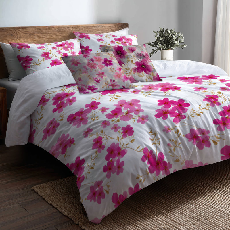 Ensemble de literie à motif floral 5 pièces - housse de couette et coussin décoratif rose fuchsia