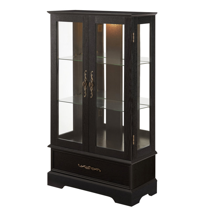 Adjustable Shelf Lighted Glass Curio With Built - In Drawer And Vintage Metal Handle, Black, For Treasures Showcase At Home Retro Case 3 Shelves Tip Device, Barware Display