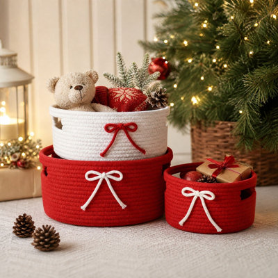 Paniers de rangement décoratifs de Noël avec nœud papillon, bacs de rangement portatifs avec poignées pour bureau, comptoir, entrée, petits objets divers