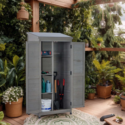 Outdoor Wooden Storage Shed with Metal Top Tall Vertical Tool Cabinet for Backyard Garden Patio Lawn