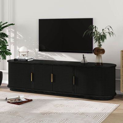 Farmhouse Wooden TV Stand With Sliding Tambour Door, Fluted Media Console With Adjustable Storage