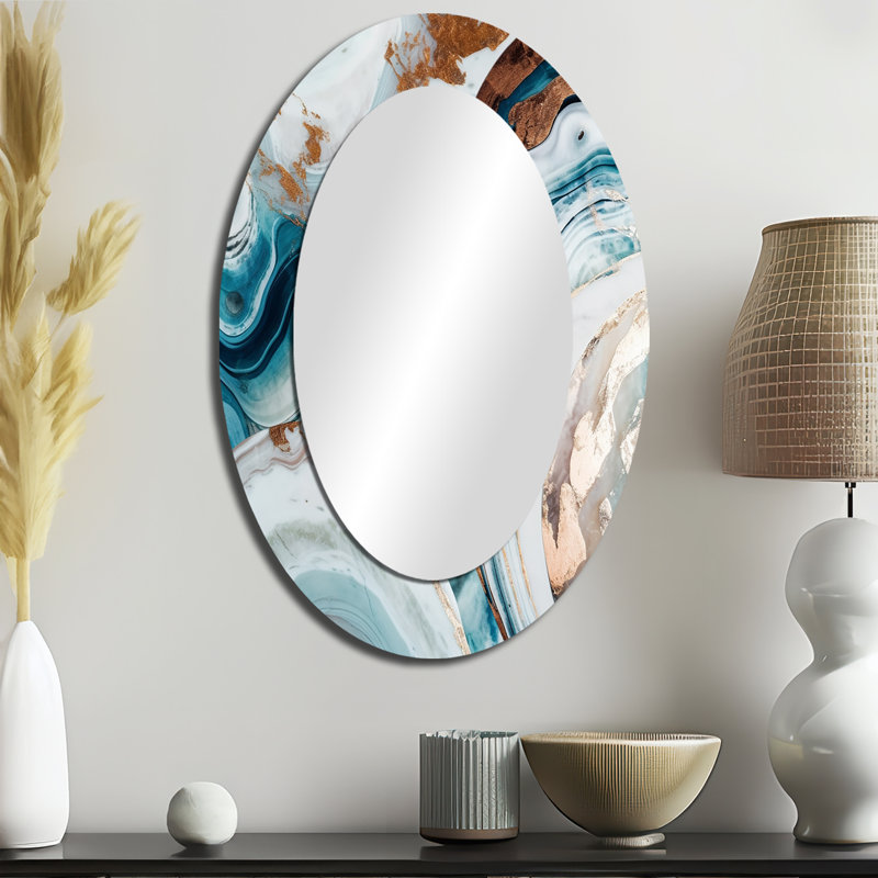 Demi-cercle bleu or et marbre abstrait V - décor de miroir mural ovale bleu, 36 po x 24 po