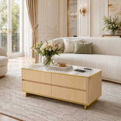 Modern Marble Coffee Table With Built-In Power & LED Lighting – Compact Size, Gold Trim, Remote/App Control