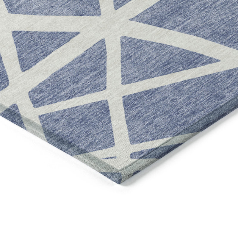 Tapis intérieur lavable à motif géométrique bleu denim 3 pi x 5 pi