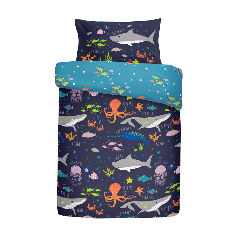 Sea Life Navy Blue/Gray/Orange 132 TC Reversible Duvet Cover Set, Double Duvet Cover + 2 Standard Pillowcases