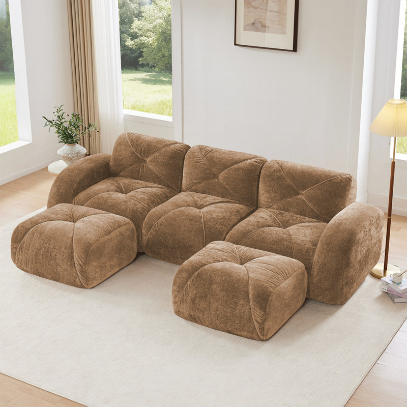 Canapé capitonné 3 places avec canapé sans os et 2 repose-pieds, 29.9" H x 110.6" W x 67.3" D, 3, Velours brun clair
