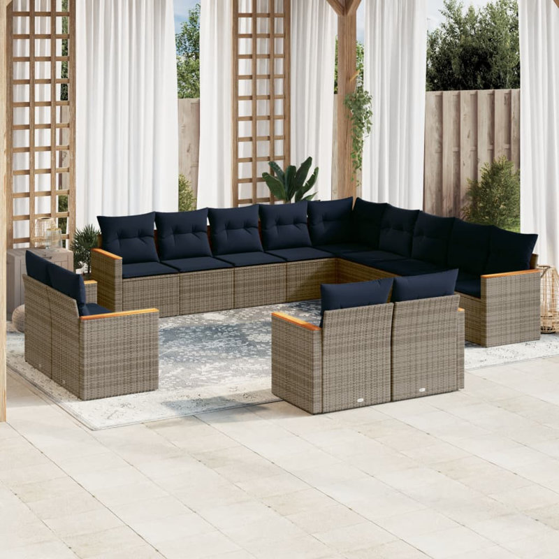  Ensemble de canapé de patio 13 pièces avec coussins en rotin de polyester gris, Coussin bleu marine / structure grise