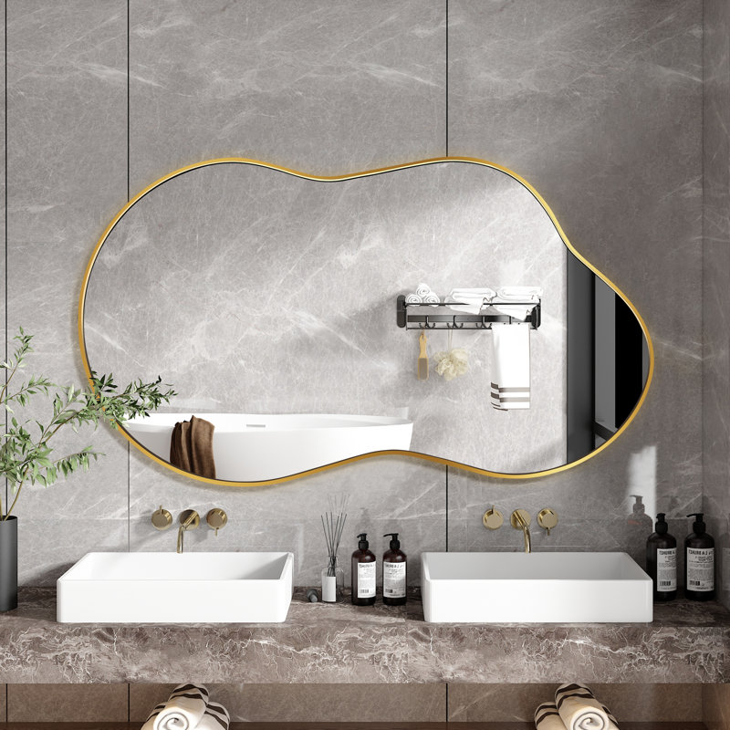 Asymmetrical Wall Mirror 26x46 Inch, Irregular Metal Framed Bathroom Vanity Mirror for Living Room, Bedroom & Entryway, Modern Decorative Mirror, Gold