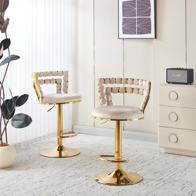 Ensemble de table de bar Modern Gold moderne avec 2 tabourets de bar réglables, table de pub ronde à motif de marbre pour le bar et la cuisine