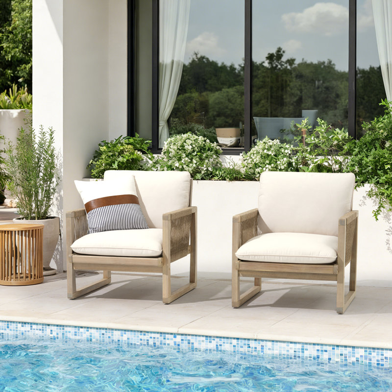 Outdoor 2-piece Acacia Solid Wood Chairs With Cushions