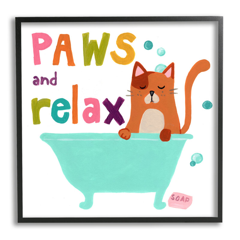 «Paws & Relax Cat Bathaign Bathroom», art texturé giclée par June Erica Vess, L 17 po x H 17 po, Giclée encadrée noir minuit
