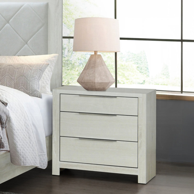Table de chevet moderne à finition beige avec 3 tiroirs de style transitionnel pour chambre à coucher, rangement de chevet pleine extension et quincaillerie longue en métal, aucun assemblage requis