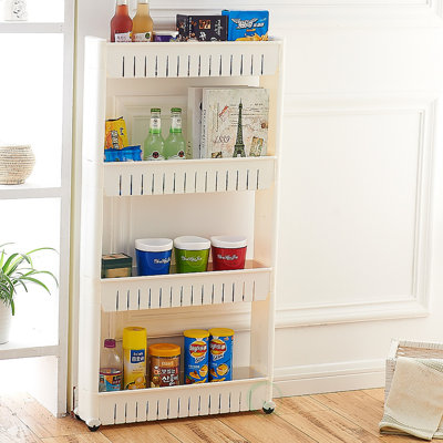 Basicwise Slim Storage Cart - 4 Tier Rolling Organizer Cabinet with Adjustable Shelves, Wheels, Freestanding, Fits Between Fridge and Counter, for Kitchen, Bathroom, Laundry, 4.75" W x 40.2" H, White