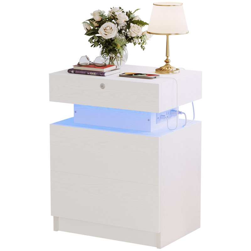 Modern 3-drawer Nightstand With Charging Station, Night Stand With Storage And Led Lights, Wood Bedside Table With Lock, Wood End Table For Bedroom