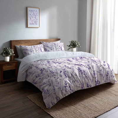 Floral Bedding Set Of 3 Pcs - Country Farmhouse Lavender Breeze Duvet Cover And Throw Cushion Set