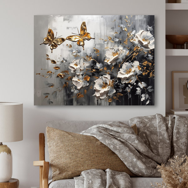 House of Hampton® Golden White Butterfly Wings And Flowers II On Metal ...