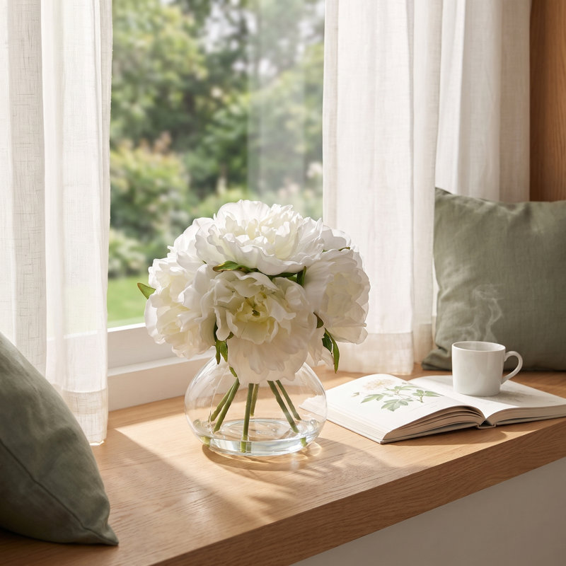 Pivoines blanches, fleurs artificielles avec vase, arrangements de fausses pivoines, vase en verre