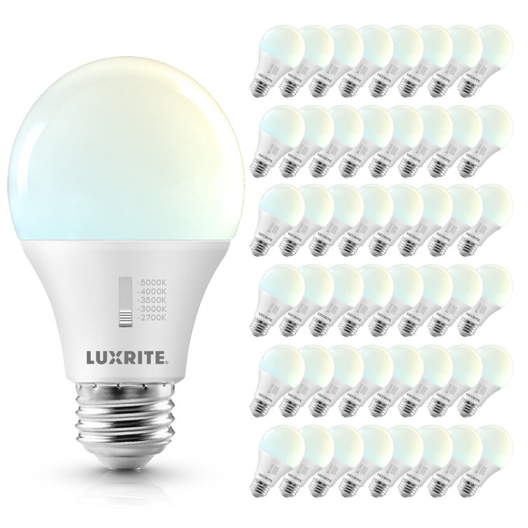 Luxrite A19 LED Light Bulb CRI90, 5CCT Selectable 2700K-5000K, Dimmable, Standard LED Light Bulbs, E26 Title CA20, ETL Listed 48 Pack