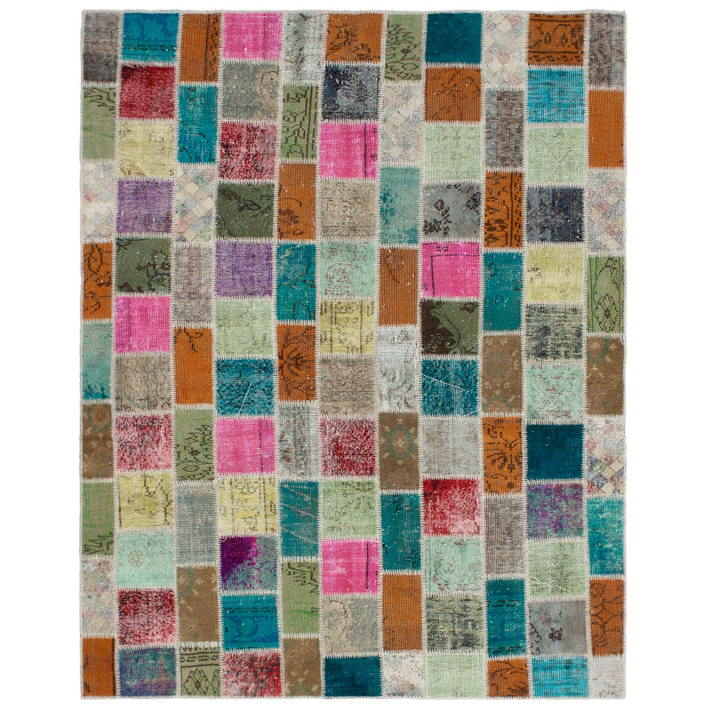 Tapis unique en laine noué à la main style patchwork bleu / orange / rose des années 2010 de 6 pi x 7 pi 9 po Kameon