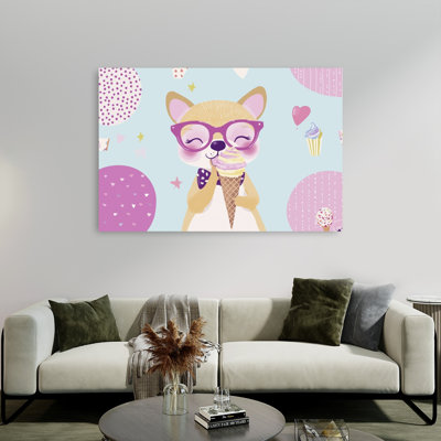 Happy Puppy Ice Cream Playful Abstract Contemporary Dog Summer Landscape Wall Art Print 1 Piece Wrapped Canvas Wall Art