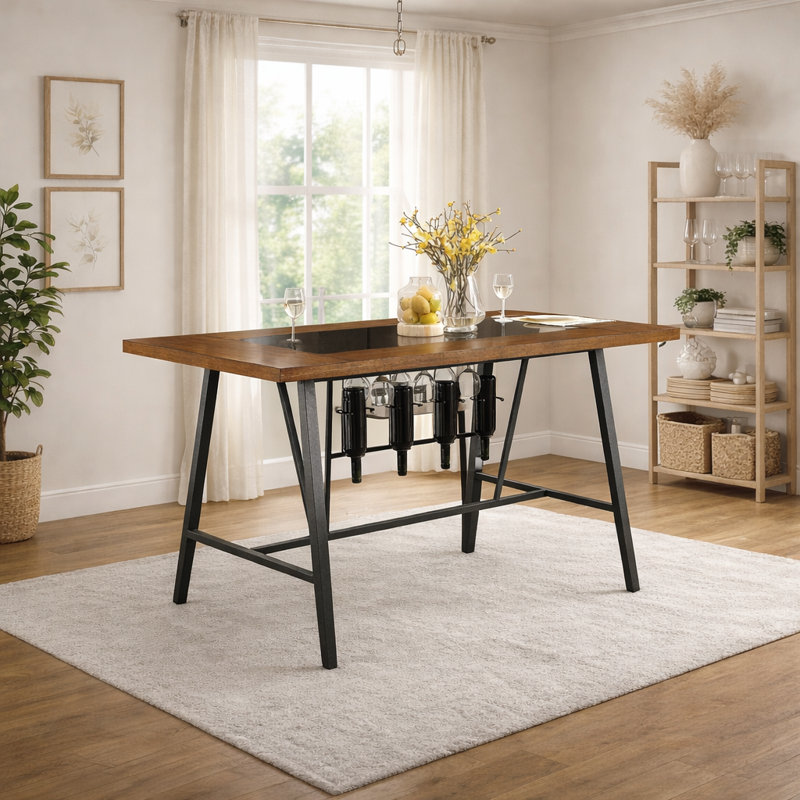 Radcliffe 69" Counter Height Dining Table With Wine/Stemware Rack & Glass Inset Top