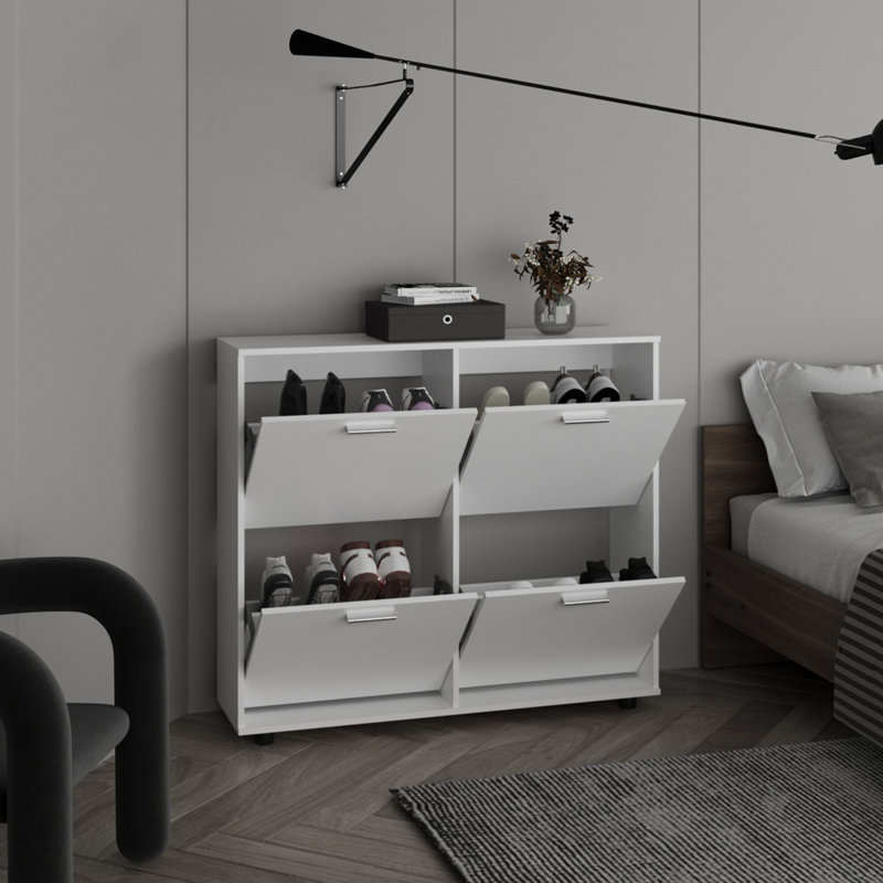 Étagère à chaussures 4 portes Opal avec plusieurs tablettes, rangement pour chaussures moderne, blanc