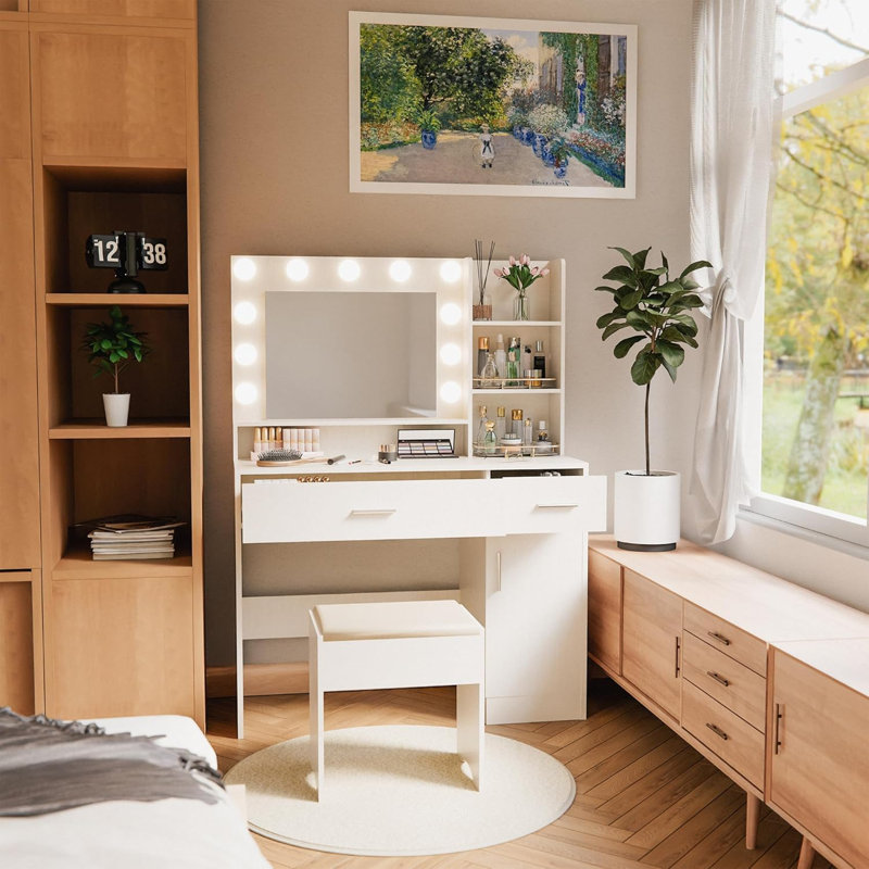 Dressing Table With LED Mirror & Storage Stool, White Vanity Desk With 3-Color & Dimmable Lights