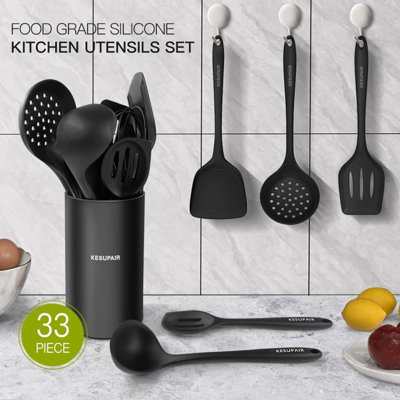 33 Pcs Silicone Cooking Utensil Set,stainless Steel Kitchen Utensils Set,non-stick Heat Resistant,black