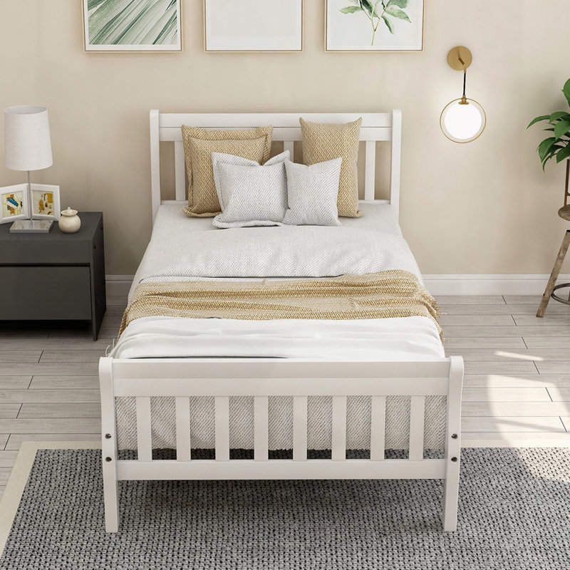 Wood Sleigh Bed Twin Bed Frame, White
